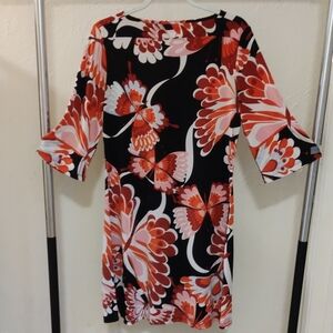 Susan Lawrence Black/Red Floral Midi Shift Dress Stretch Boat Neckline Size M